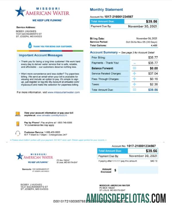 Em branco EUA MISSOURI AMERICAN WATER Utility Bill Word e modelo PDF